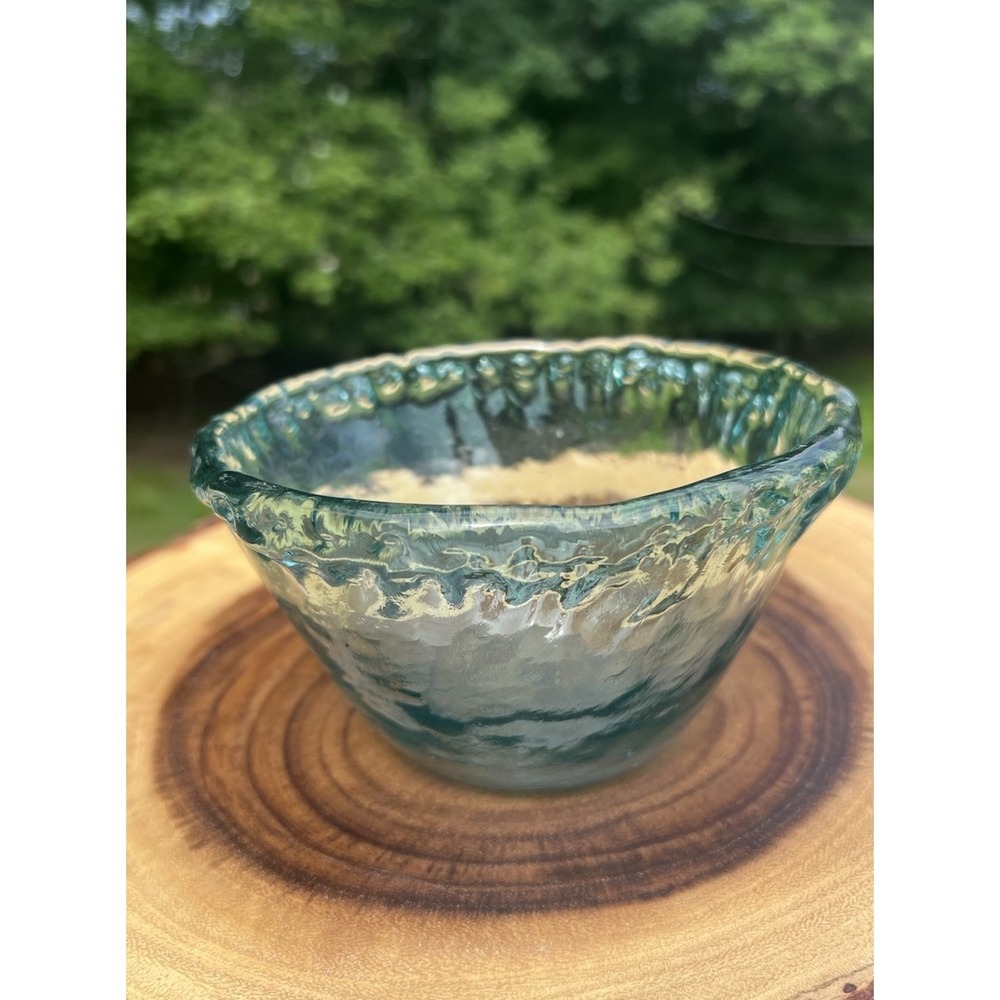 Hand Blown Recycled Glass Bowl Aqua Blue Green Bubble Artisan 6" Handmade - Picture 3 of 14